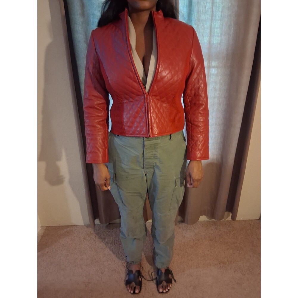 Clothes By Revue Jacket Womens 10 Red Lamb Leather Quilt Design Full Zip Texture